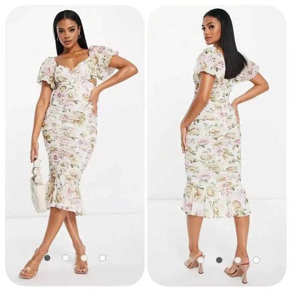 NWOT Asos puff sleeve mesh ruched wrap around pephem midi dress in soft floral p - Picture 2 of 10